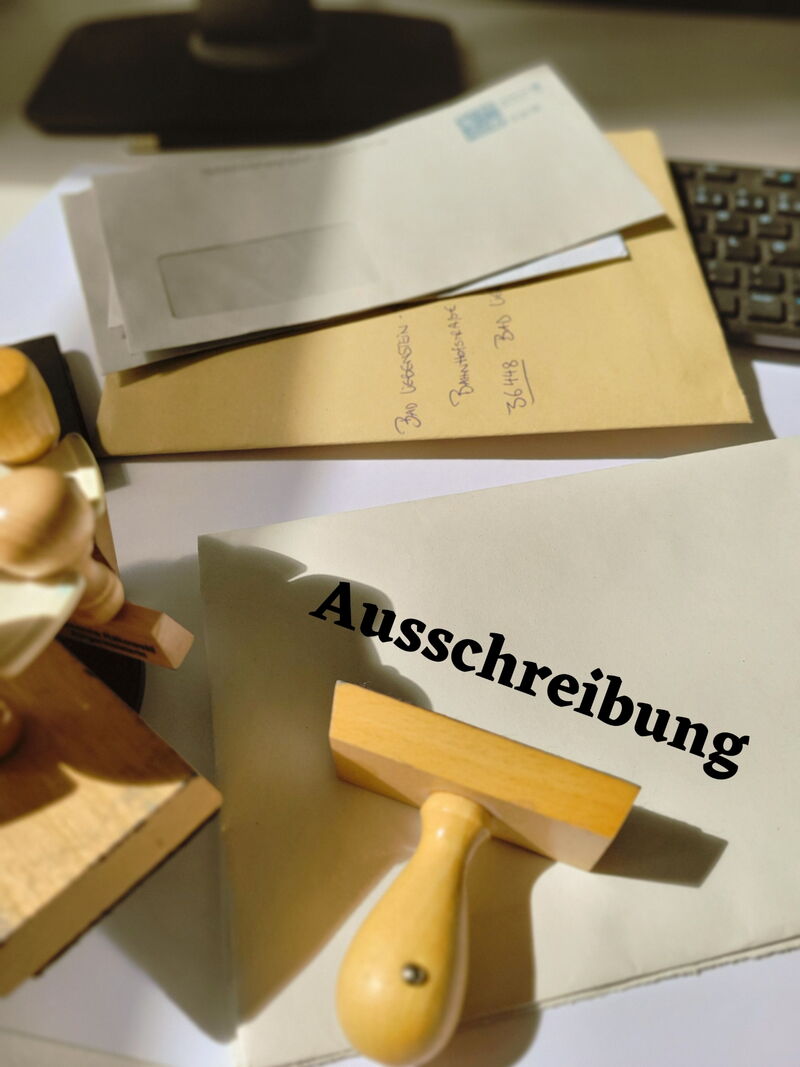 Schreibtisch mit Papieren und Stempeln, Schriftzug Ausschreibung