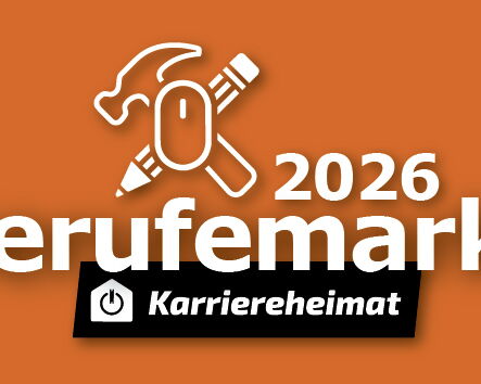 orangenes Logo, Text: 2026 Berufemarkt, Karriereheimat, Icons mit Hammer, Stift und Computermaus