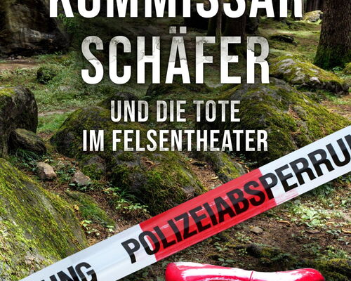 Buchcover mit roten Schuhen im Wald und Absperrband, Titel und Autorenname, Kategoriehinweis Regionalkrimi Thüringen