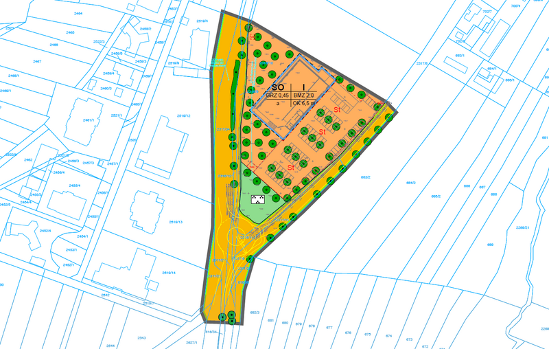 Kartenausschnitt mit Grundstücken, geplantem Markt, Parkflächen und Begrünung