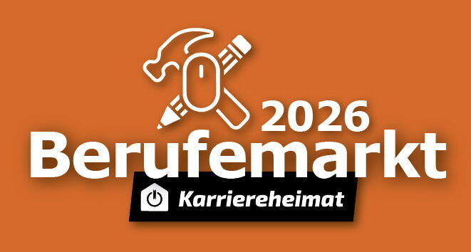 orangenes Logo, Text: 2026 Berufemarkt, Karriereheimat, Icons mit Hammer, Stift und Computermaus
