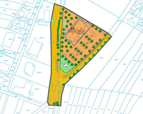 Kartenausschnitt mit Grundstücken, geplantem Markt, Parkflächen und Begrünung
