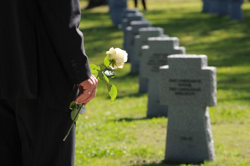 Person in schwarzen Mantel und weißer Rose in der Hand vor Kriegsgräberreihe
