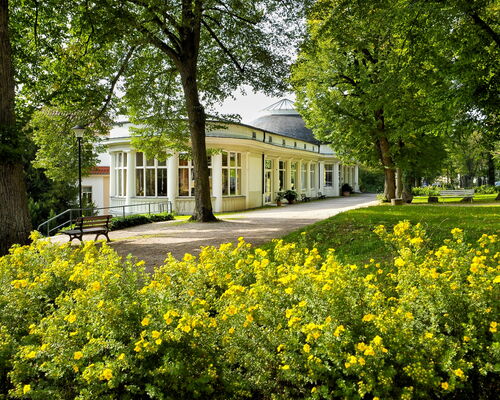 Wandelhalle Bad Liebenstein, im Vordergrund blühende Sträucher