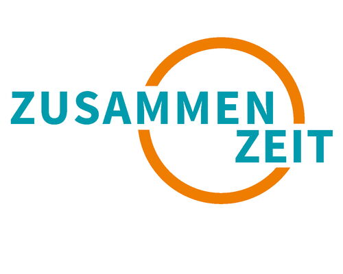 Logo des Projektes ZusammenZeit mit dem Schriftzug in blau und einem orangenen Kreis