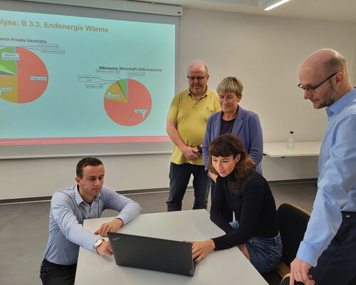 5 Personen schauen gemeinsam auf Laptop, im Hintergrund eine Leinwand mit Diagrammen