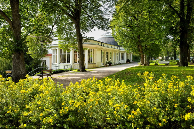 Wandelhalle Bad Liebenstein, im Vordergrund blühende Sträucher