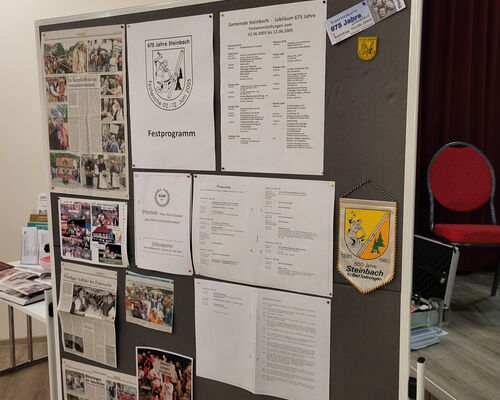 Eine Pinnwand mit Programmen, Bilder und Zeitungsartikeln