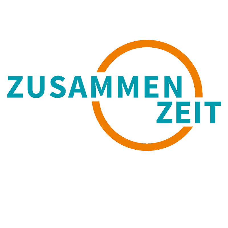 Logo des Projektes ZusammenZeit mit dem Schriftzug in blau und einem orangenen Kreis