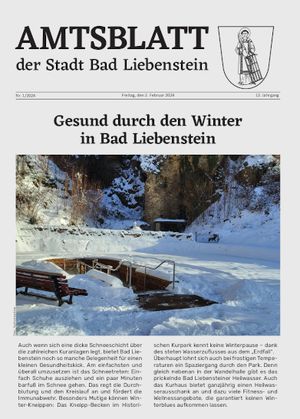 Titelseite des Amtsblattes 1/2024 mit Schneebild vom Kneipp-Becken