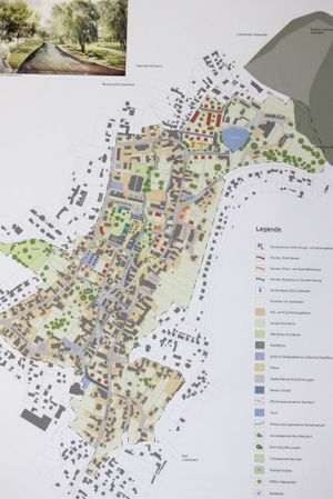 farbiger Kartenausschnitt von der Ortsmitte Schweina, der die gegenwärtigen und geplanten Baustrukturen zeigt