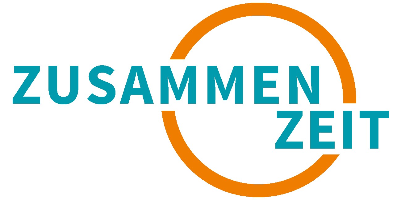 Logo des Projektes ZusammenZeit mit dem Schriftzug in blau und einem orangenen Kreis